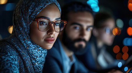 A group of young professionals focuses intently on their work while brainstorming ideas in a modern office setting during the evening