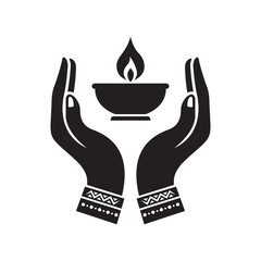 Solid black illustration of two hands holding diya with a flame. Perfect for spiritual, religious, or cultural themes, especially for Diwali, Hindu rituals, and sacred ceremonies.