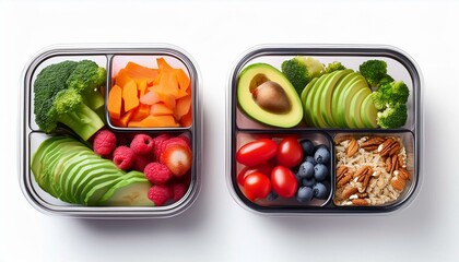  Healthy meal prep containers with balanced ingredients, isolated on a white background