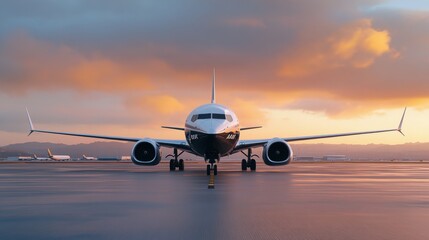 Airplane on runway during a vibrant sunset at an airport with distant aircraft in view
