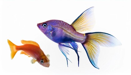 Luminescent underwater creatures swimming against a white background