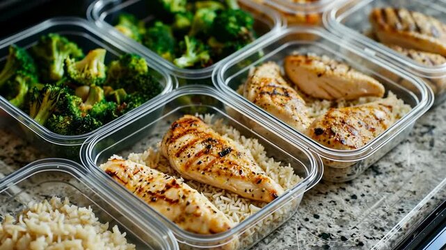 Meal prep containers filled with balanced portions of chicken, rice, and greens on a countertop.
