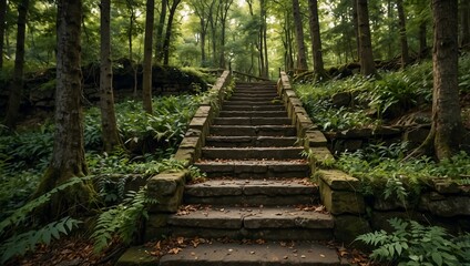 Obraz premium Old stone staircase surrounded by forest vegetation and a wooden bench.