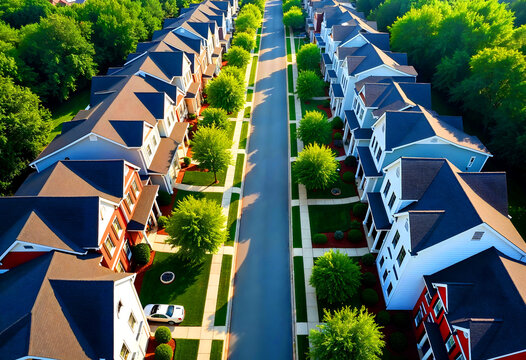 An aerial view of a traditional American neighborhood street with luxury single-family homes for the upper middle class.