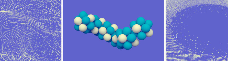 3d molecule structure. Connection structure. Small particles strive out of center. Abstract grid design. Background with dynamic particles. 3d vector illustration for science, technology, presentation