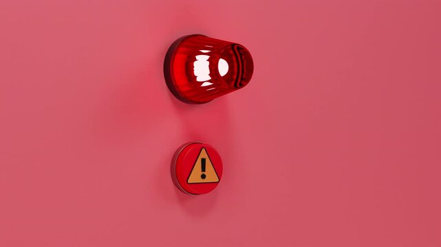 Emergency button and siren animation. 3d render, cartoon style. Hand pressing push button, red light flash. Warning, danger sign, SOS emergency alert
