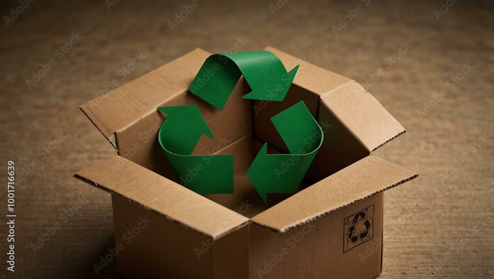 Poster opened cardboard box with a recycle symbol printed inside.