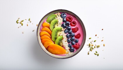 smoothie bowl with colorful fruits and seeds, isolated on white