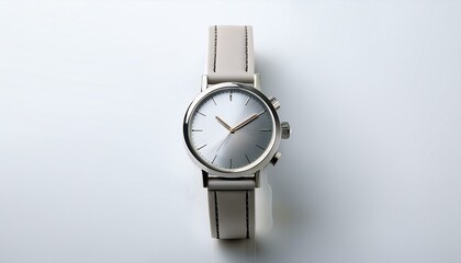  Minimalist wristwatch with clean design, placed on a bright white surface