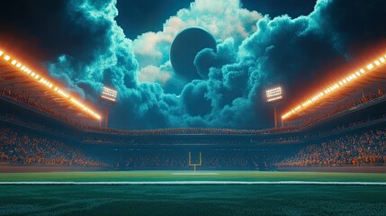 A night football stadium with a full crowd, under a dramatic sky with a large moon,  ready for a game.