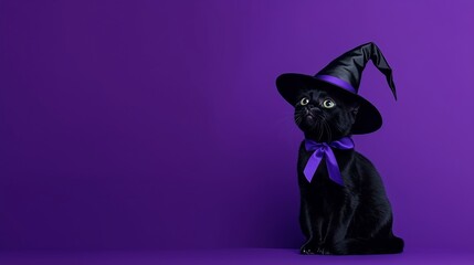 Black cat wearing witch hat halloween on purple background with copy space