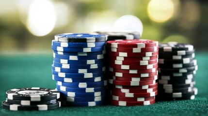 Colorful poker chips stacked on a green felt table at a lively casino during the evening