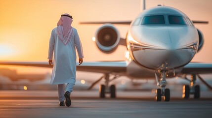 Man in traditional clothing walks toward a private jet at sunset.