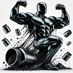A powerful black muscular figure emerges from a spilled can of supplement powder, flexing his arms, while supplement bottles float around him. The image symbolizes strength and energy. Nutritional 