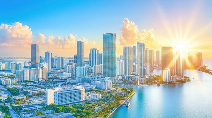 Fototapeta premium A panoramic view of a modern city skyline at sunrise with the sun shining brightly in the sky.
