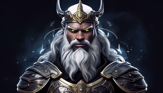 majestic, cruel and powerful bearded god with a golden crown on his head and wearing strong armor on a dark background