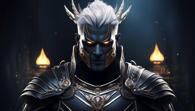 majestic, cruel and powerful god with a golden crown on his head and wearing strong armor on a dark background