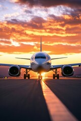 Airplane on runway at sunset with vibrant clouds in the background