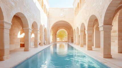 A swimming pool in a luxurious resort with arches and columns.