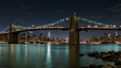 Panoramic photo of Brooklyn Bridge at night.