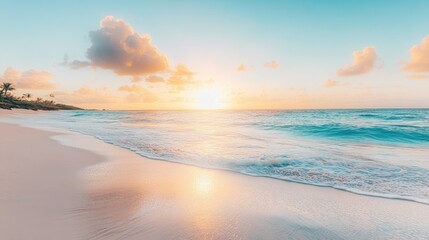Obraz premium A panoramic view of a sandy beach at sunrise with the sun shining brightly in the sky, the turquoise ocean waves gently crashing on the shore, and a few palm trees in the background.