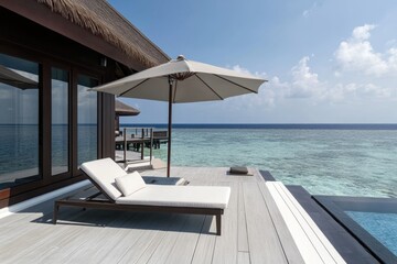 Fototapeta premium Seaside haven: villa on island, a tranquil setting, breathtaking ocean views and a peaceful ambiance, elegance with the charm of island living in a secluded getaway