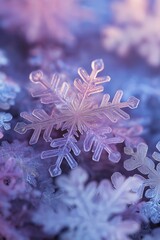 Close-up of a delicate snowflake with a soft purple hue.