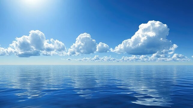 A panoramic view of a vast blue ocean with a bright sun shining in the sky, casting a reflection on the water, with fluffy white clouds in the sky.