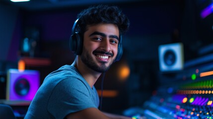 Young Middle Eastern Man with Headphones in Modern Recording Studio, Concept of Music Production and Creativity for Professional Use in Media and Design