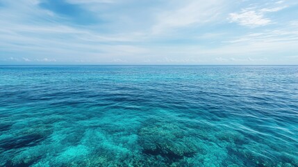 Fototapeta premium A panoramic view of the clear turquoise ocean water, with a blue sky and white clouds above.