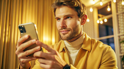 young man using smartphone against Metaverse background with social media interface flow, e-commerce shopping, internet influencers and games. Web visualization.