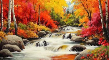 Handdoek met foto Meloenkleur A picturesque autumn landscape painting with a flowing river, cascading waterfalls, and colorful foliage.  © visual artstock
