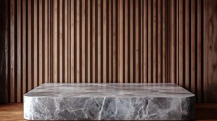  Gray kitchen marble tabletop for product presentation. Empty countertop mockup on brown wall panels with wooden slats. Clean podium for luxury bar or beauty advertisement. 