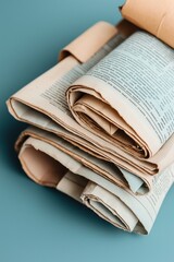 Stack of newspapers on a blue background.