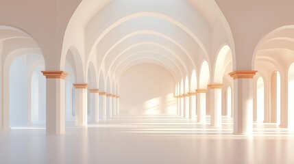 Naklejka premium A long hallway with white pillars and arches, sunlight streaming through the windows.