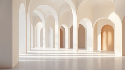 Fototapeta premium A long hallway with arches and a single warm-toned door at the end.
