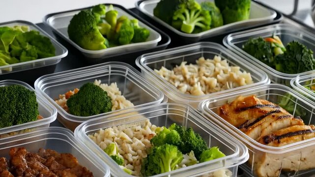 Healthy meal prep chicken, rice, broccoli. Fresh, nutritious diet food in plastic containers
