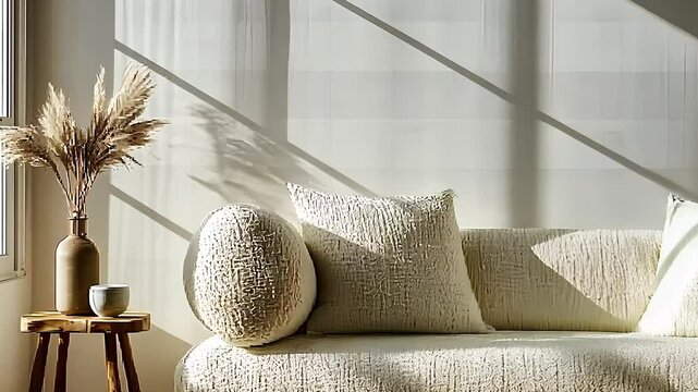 Cozy minimalist living room with soft textures and abundant natural light, featuring simple, elegant decor and neutral tones for a peaceful and relaxing home environment