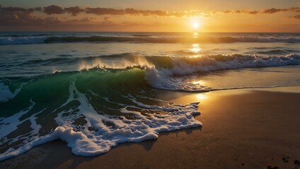 Peaceful sunrise over soft beach waves, creating a tranquil atmosphere.