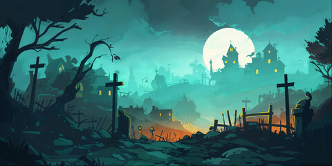 Fantasy Cemetery Yard Landscape Background Panorama Concept Drawing image HD Print Neo Game Art V12