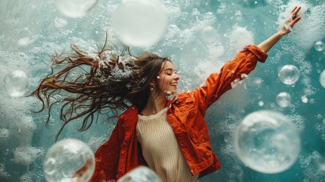 Happy woman with red jacket dancing in water with soap bubbles - Powered by Adobe