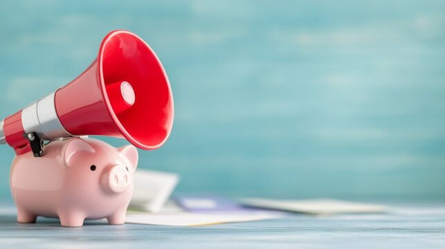 A pink piggy bank with a red megaphone on a blue background highlighting savings and investment