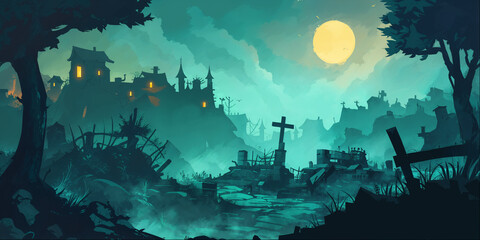 Obraz premium Fantasy Cemetery Yard Landscape Background Panorama Concept Drawing image HD Print Neo Game Art V12