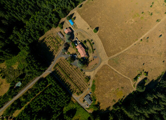 A rural area with a farmhouse and a few houses