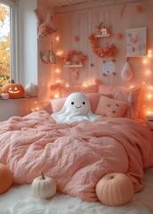 Cute ghost in a bedroom,  Halloween decorations in the background, pink, pastel, sweet colors