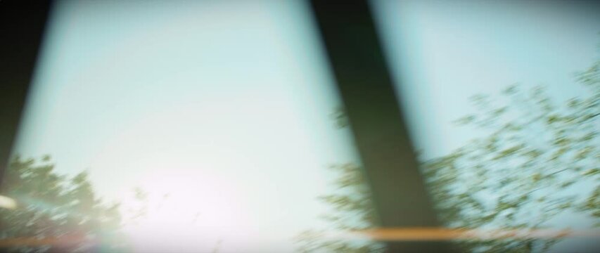 View from a car window on landscape sunlight outside the car on a summer day. Tree and blue sky