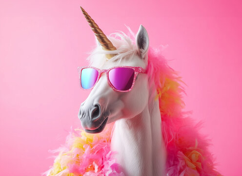 Creative animal concept. Unicorn in glam fashionable couture high end outfits isolated on bright background advertisement, copy space. Birthday party invite invitation banner 