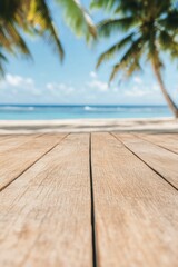 Fototapeta premium Tranquil beach view with wooden deck, palm trees, and serene ocean under clear blue sky