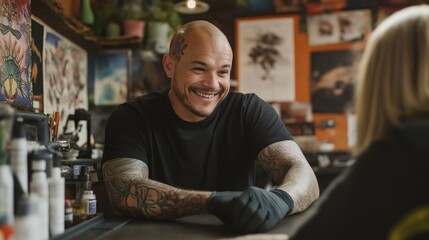 Obraz premium Friendly Tattoo Artist Conversing with Client in Artistic Studio Environment, Showing Tattoos, Creative Discussions, Design for Print, Card, Poster