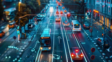 A high-tech smart city featuring advanced public transportation with electric buses, smart traffic lights, and connected bike lanes